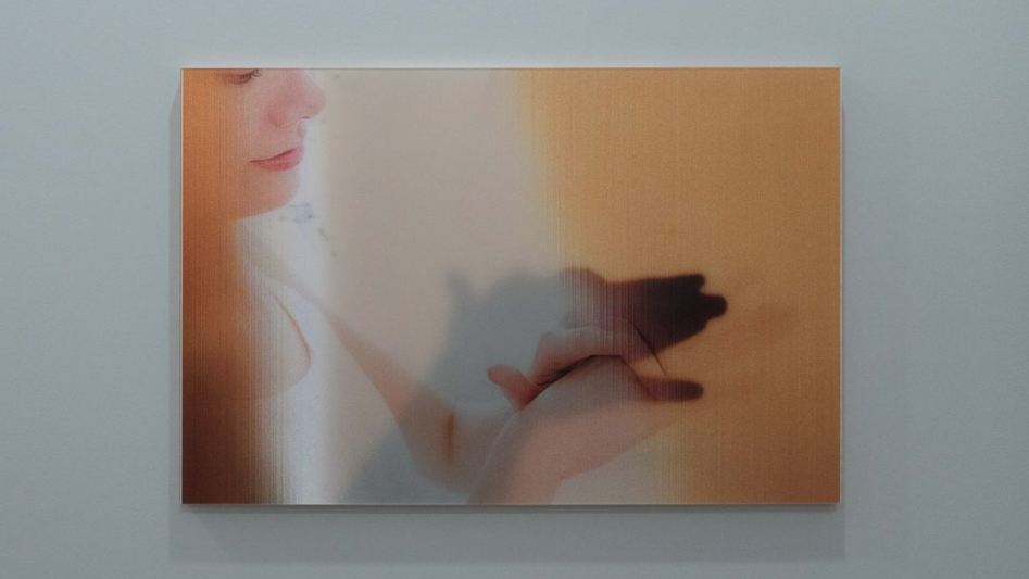 Photo artwork of a woman with hand shadow puppet.