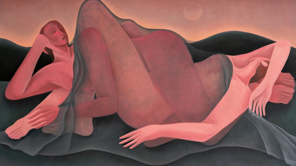 Pink coloured painting of two women lying down.