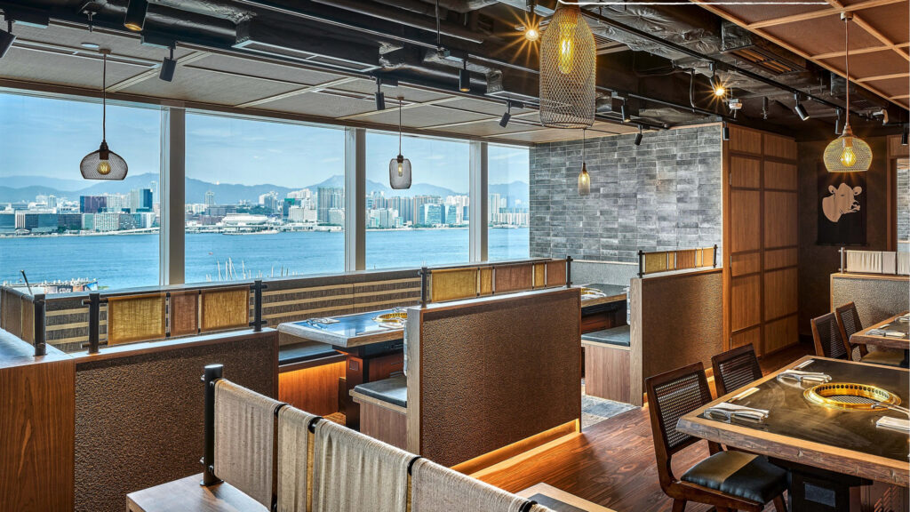 Interior of restaurant overlooking the sea.
