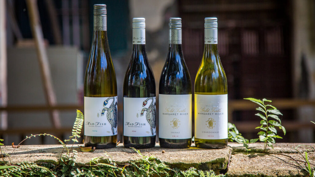 Four bottles of wine on a stone wall with ferns growing on it.