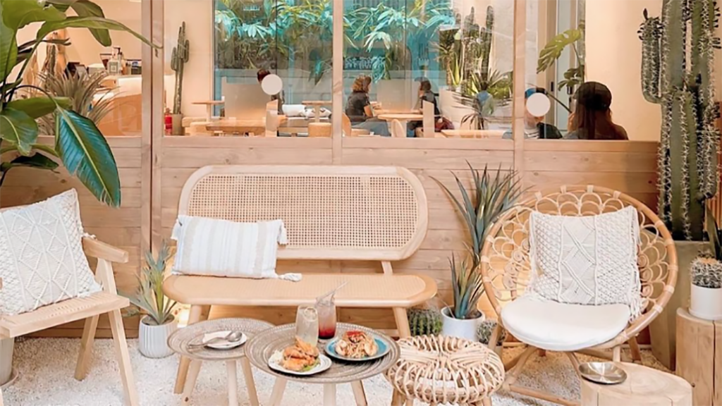 Bohemian styled cafe with wicker chair seating and plants