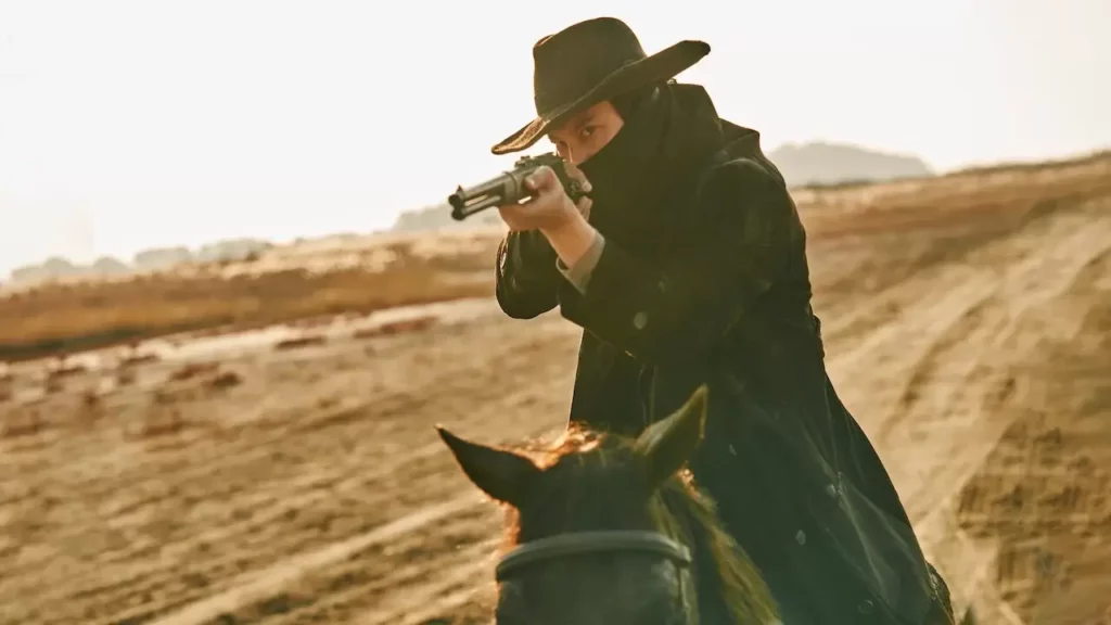 A bandit on horseback, aiming his rifle.